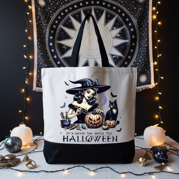 Handmade Handbags - Never Too Early for Halloween Pinup Witch Tote Bag